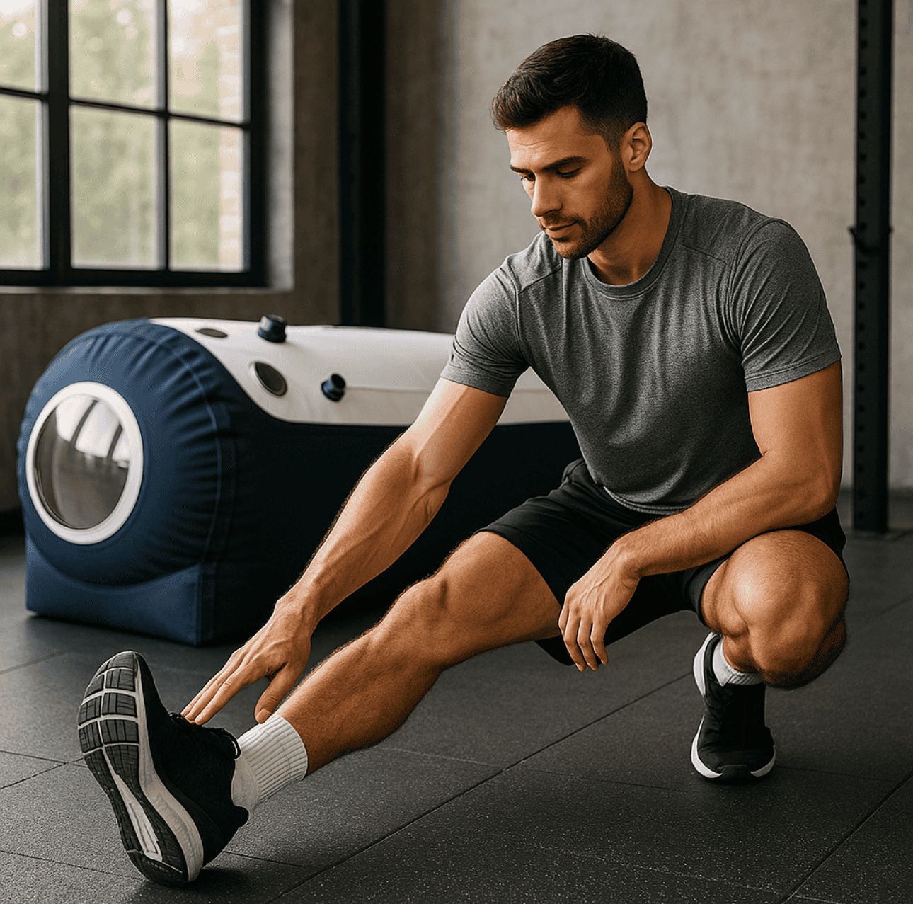 Athlete recovering beside a portable hyperbaric chamber, symbolizing HBOT use in sports.