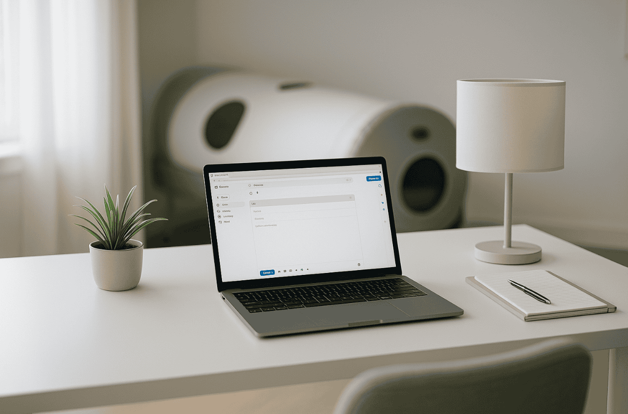 Hero image showing a modern contact workspace inviting readers to message Hyperbaric Sage.