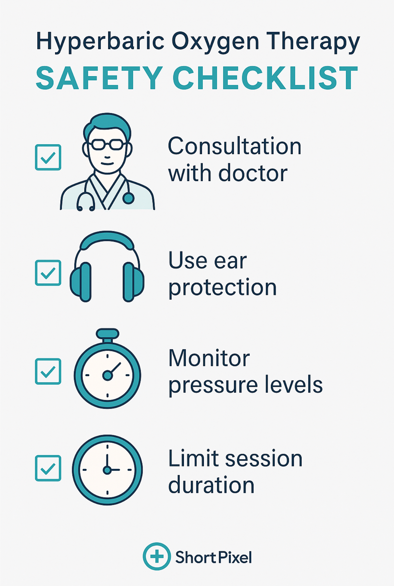 Safety checklist infographic for hyperbaric oxygen therapy showing precautions and safe use.