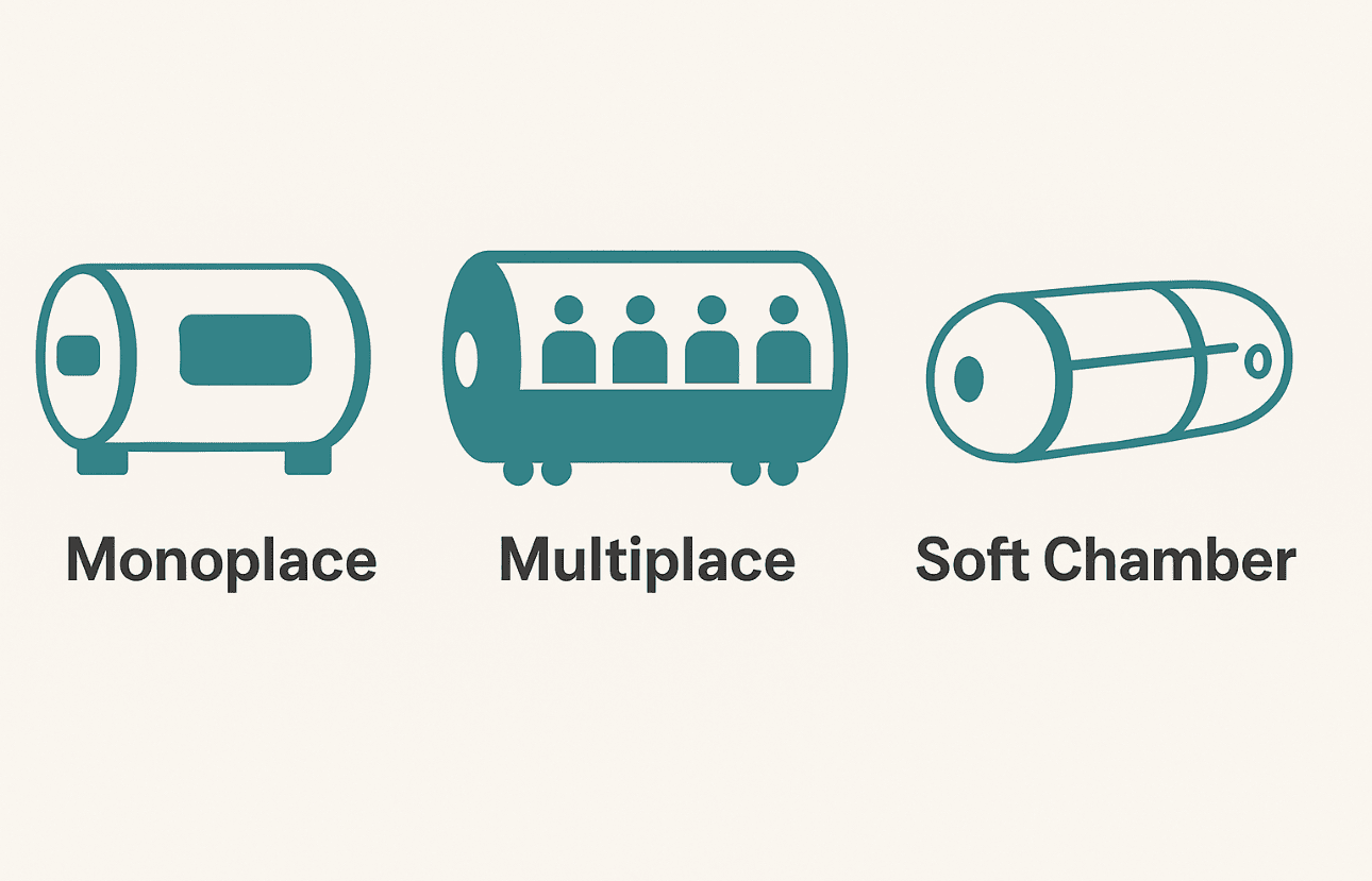 Infographic comparing monoplace, multiplace, and soft hyperbaric chambers.
