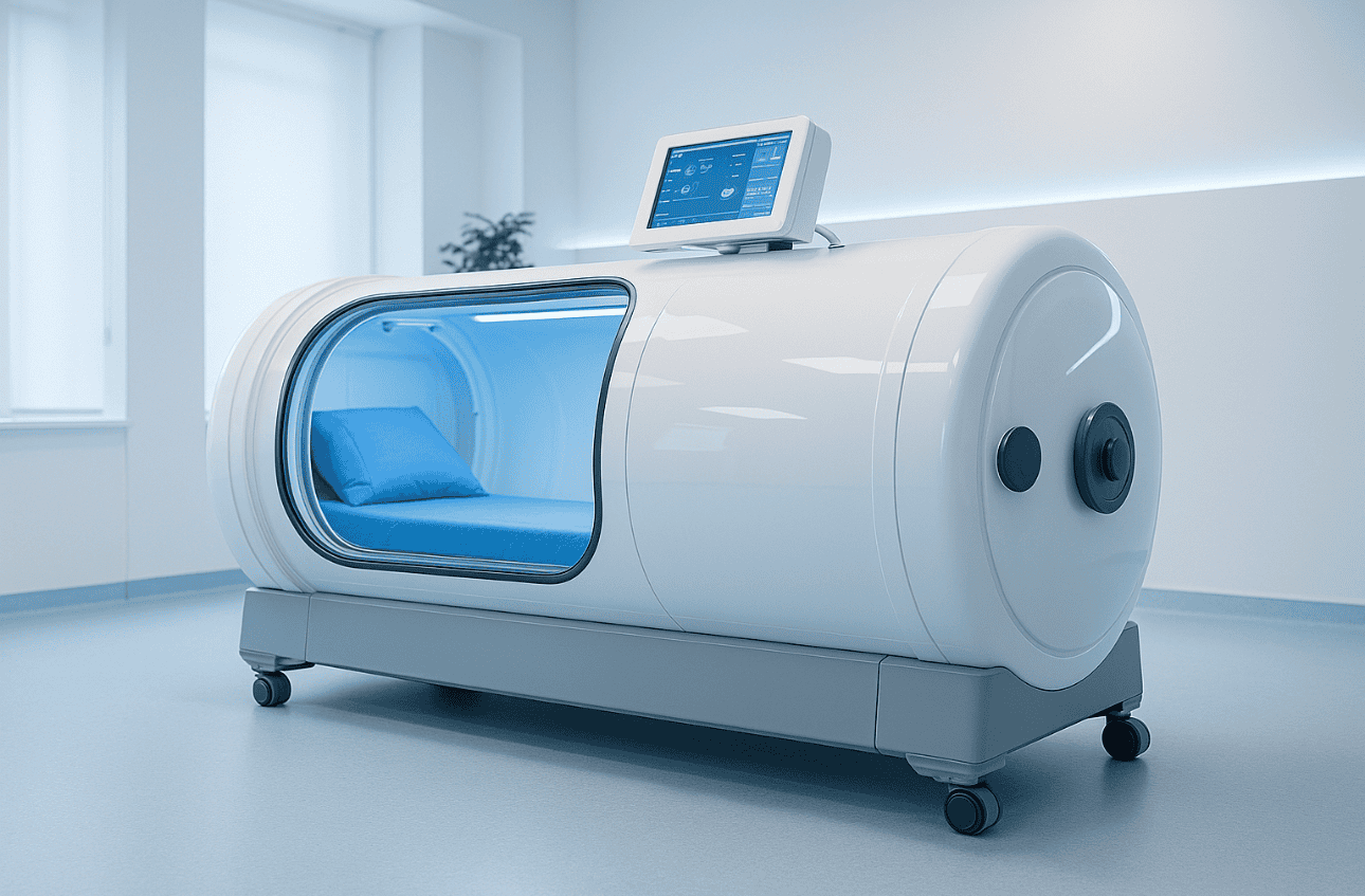 Modern hyperbaric oxygen therapy chamber in a wellness clinic with soft blue lighting.