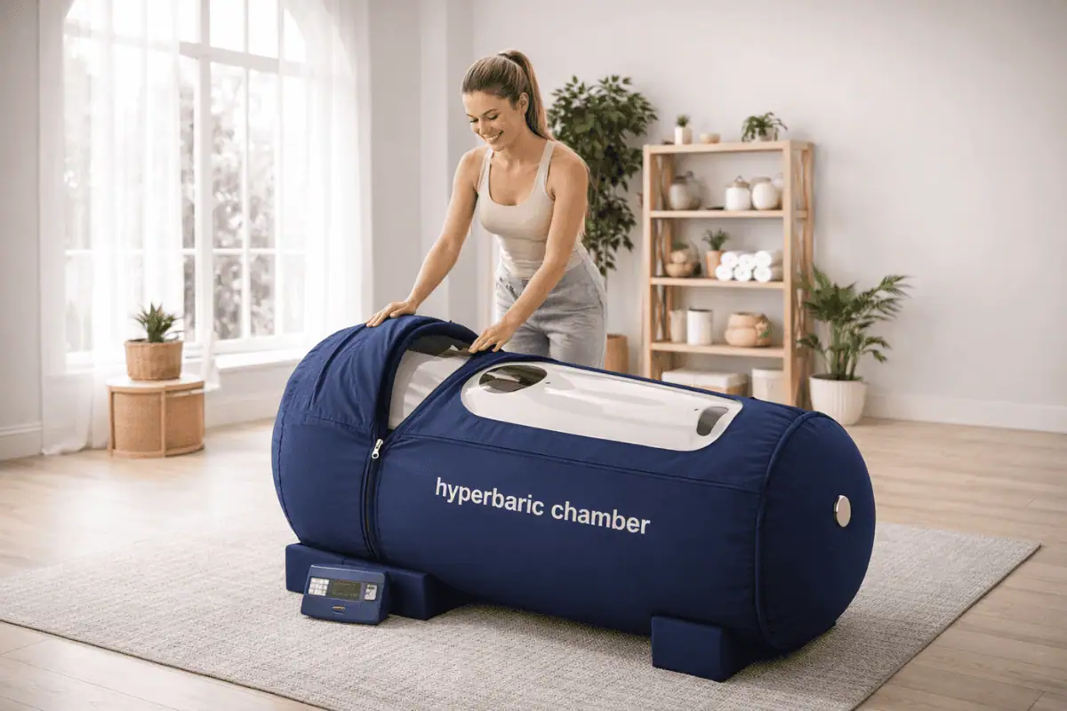 Person preparing for a morning hyperbaric oxygen therapy session in a clean home wellness space