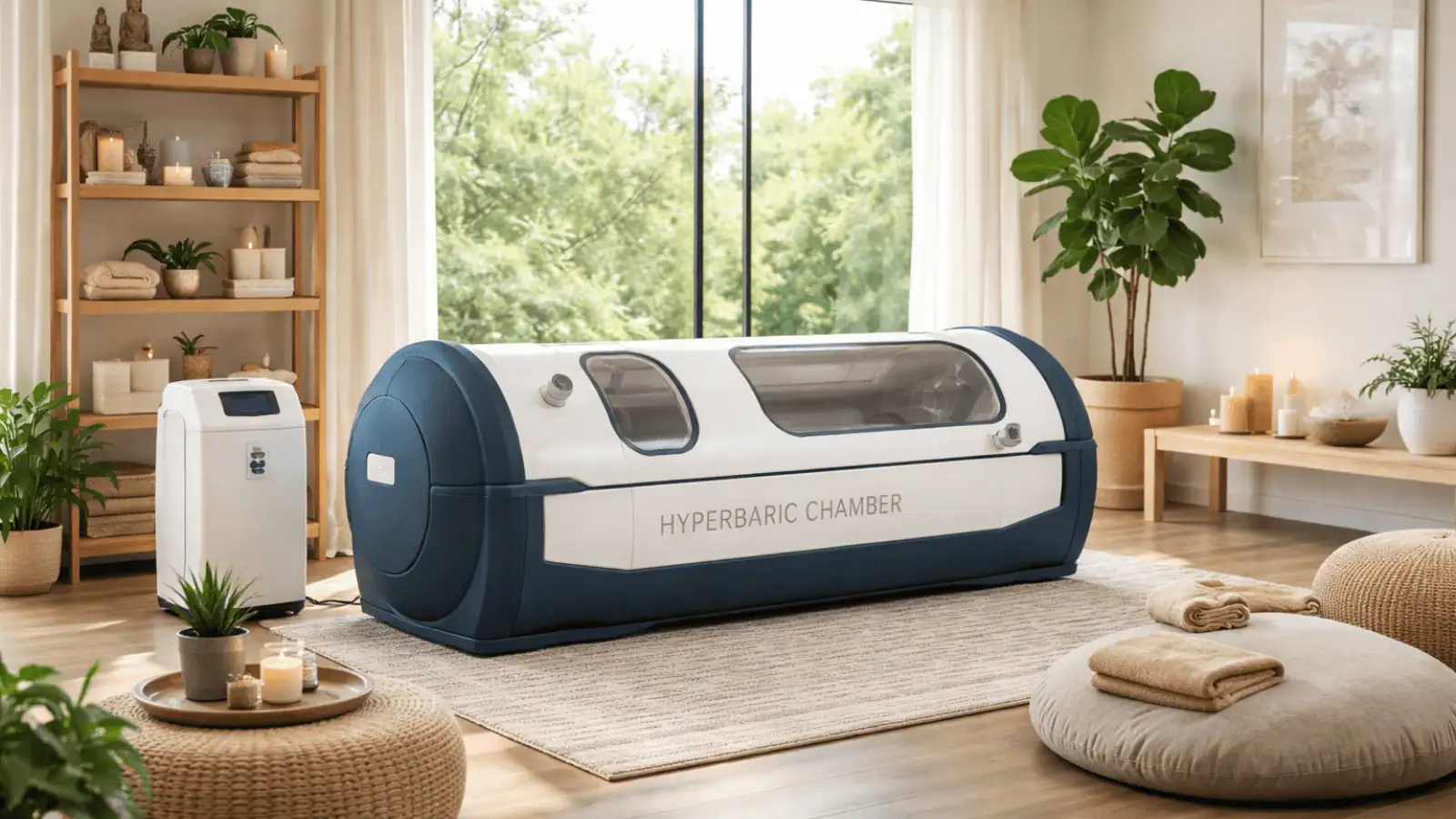 Hyperbaric oxygen chamber in a calm modern home wellness room
